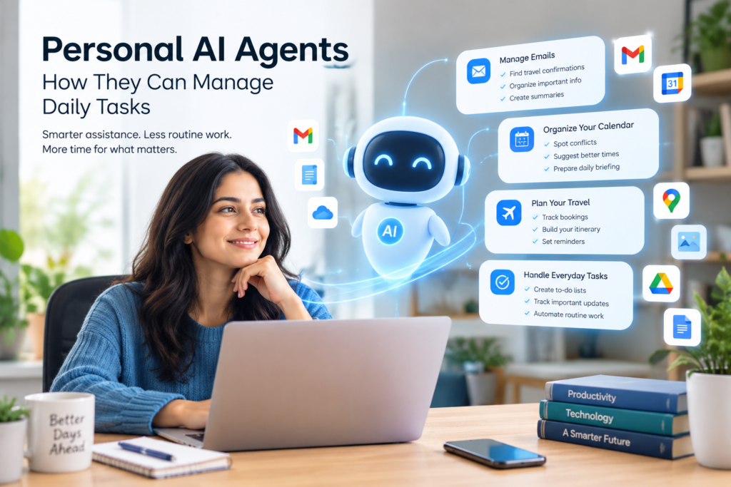 Personal AI agents helping a woman manage emails, calendars, travel plans, and everyday tasks on a laptop.