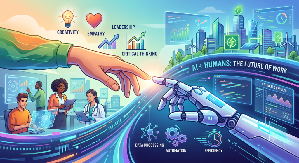 Human and robotic hands connecting, symbolizing AI and human collaboration in the modern workplace.
