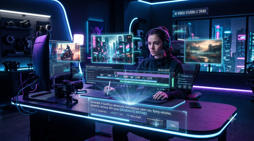 "A video creator working in a futuristic studio, generating and editing video scenes using holographic AI text-to-video interfaces."